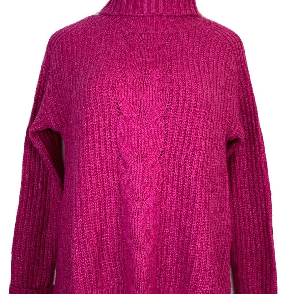 Allison Joy Evereve Hattie Hot Pink Cable Knit Tunic Sweater Turtleneck Cozy S